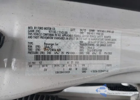 2012 Ford Focus Se из США, поврежденный, VIN 1FAHP3F26CL389860